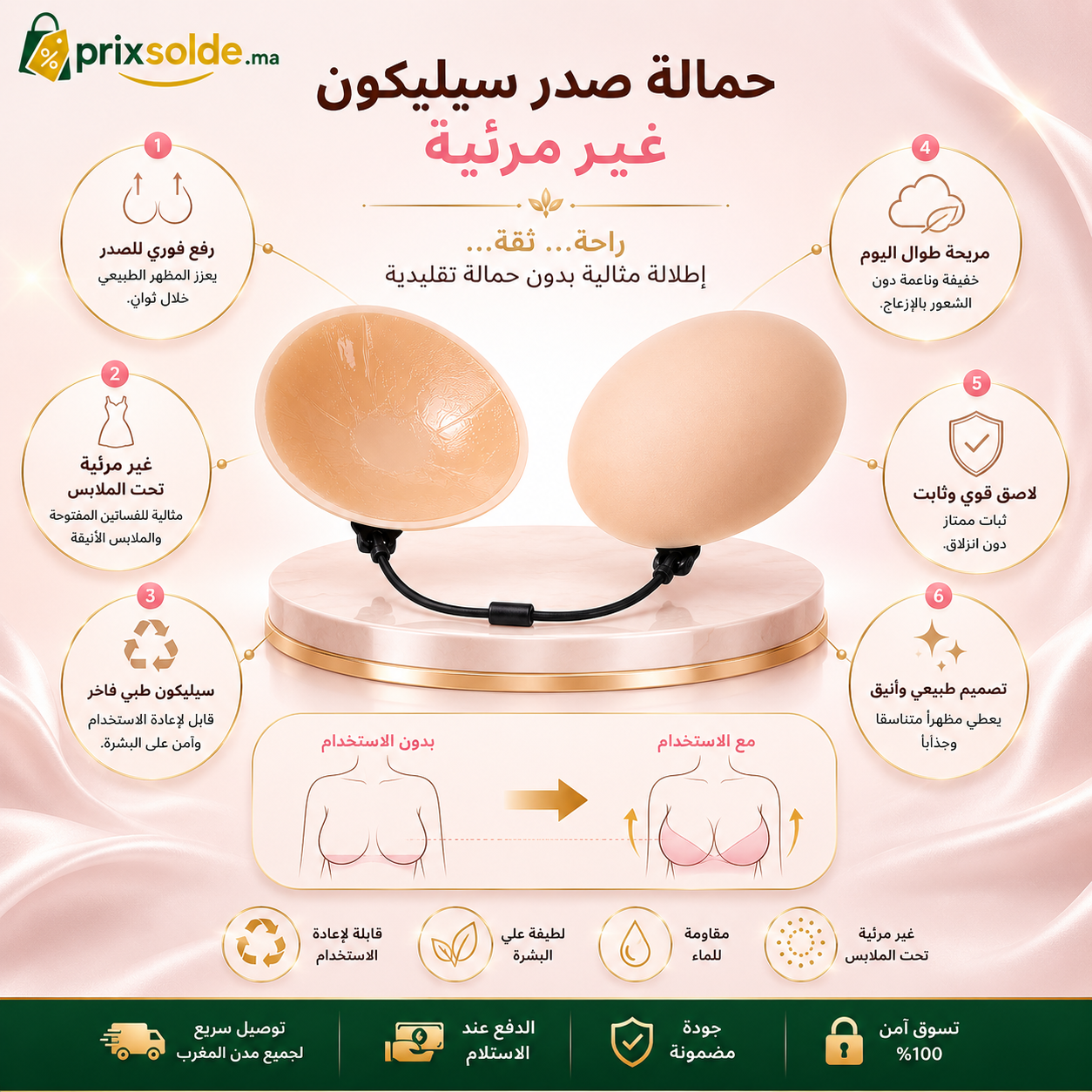 مميزات حمالة الصدر اللاصقة الرافعة - غير مرئية، سيليكون قابل لإعادة الاستخدام، خفيفة ومريحة