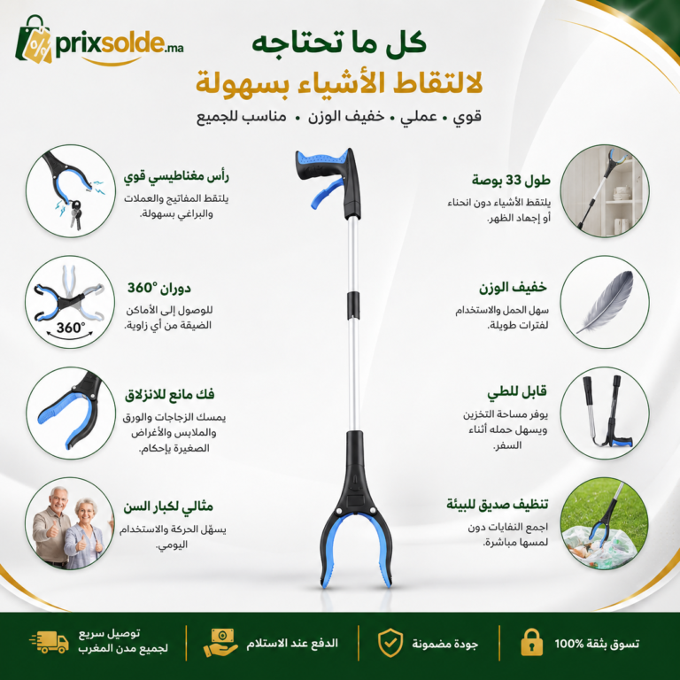 إنفوجرافيك يوضح مميزات أداة التقاط الأغراض بطول 33 بوصة مع رأس دوار ومقبض مغناطيسي.