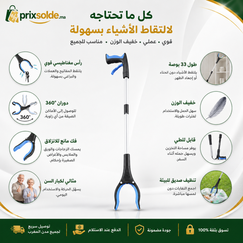 إنفوجرافيك يوضح مميزات أداة التقاط الأغراض بطول 33 بوصة مع رأس دوار ومقبض مغناطيسي.
