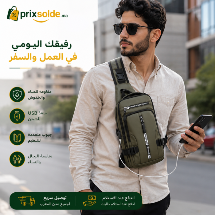 رجل يستخدم حقيبة كتف عصرية مقاومة للماء أثناء التنقل