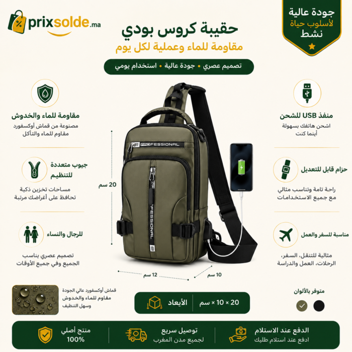 مميزات حقيبة كتف مقاومة للماء مع منفذ USB وجيوب متعددة