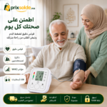 رجل وسيدة مغربية يستخدمان جهاز قياس ضغط الدم الرقمي في المنزل لمتابعة الصحة اليومية.